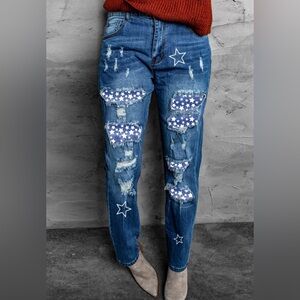 Distressed Women’s Star Patch Boyfriend Blue Jeans Size Small